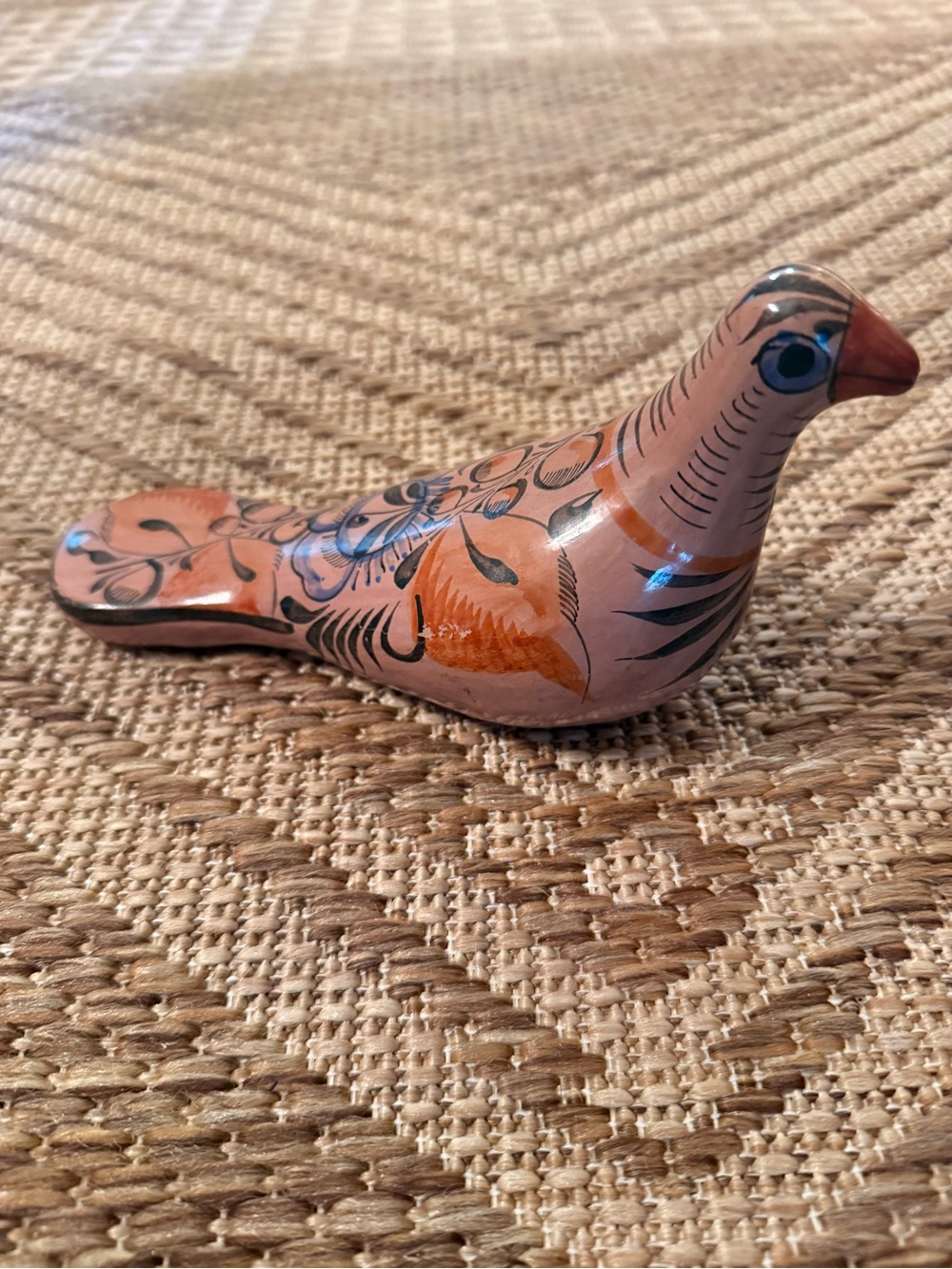 Hand-Painted Tonala Mexican Bird Figurine in Pink. Rare and beautiful.